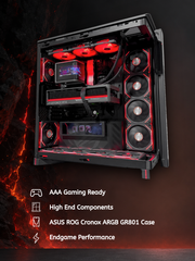 A high-end gaming PC tower in a black ASUS ROG Cronox ARGB GR801 case, shown with its side panel open to reveal a fully customized RGB gaming build. The PC is illuminated with bright red and purple RGB lighting, set against a dark background with a lava texture on the left and white text listing features like 'AAA Gaming Ready' and 'ASUS ROG Cronox ARGB GR801 Case'.
