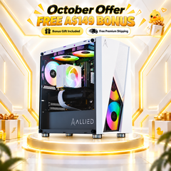 A white and black AALLIED desktop PC tower with RGB lighting fans, displayed on a glowing circular pedestal with promotional text overlays reading 'October Offer FREE A$149 BONUS' in a stylized room setting.