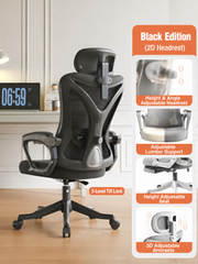 Ergonomic S-Curve Office Chair with 4-Way Lumbar Support - Black