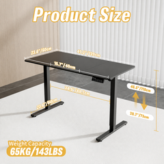 An adjustable standing desk with a black top and black metal legs, shown with overlaid dimension labels and text reading 'Product Size' and 'Weight Capacity 65KG/143LBS'.