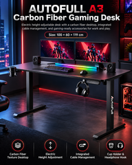 AutoFull A3 Electric Height Adjustable Gaming Desk – 100 × 60 cm Carbon Fiber Texture Desktop