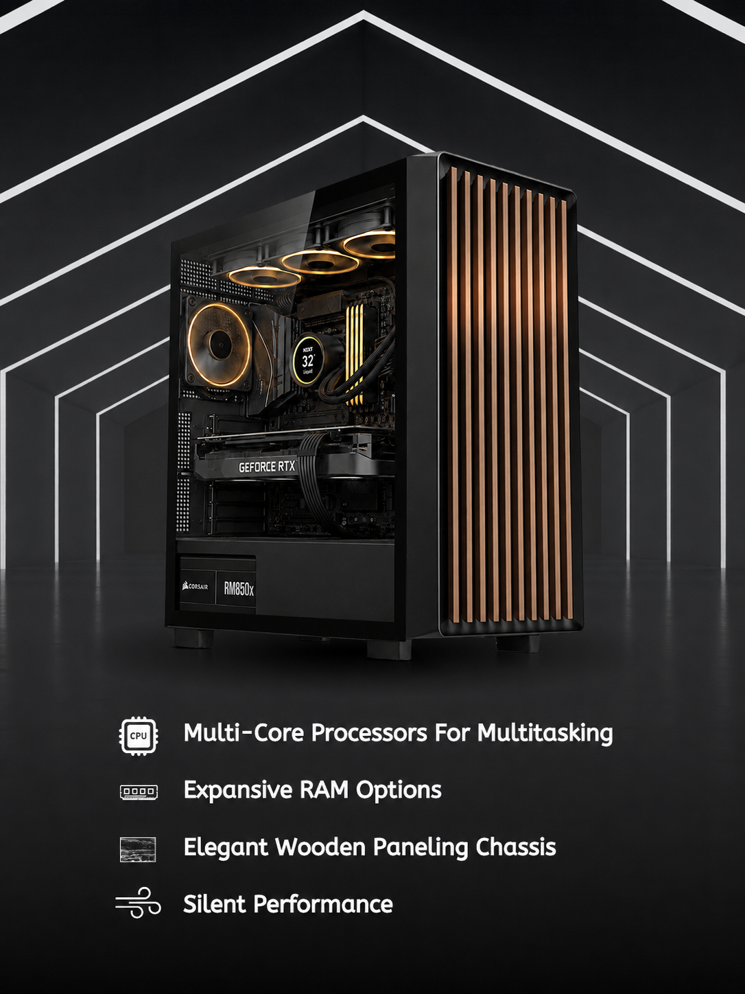 A black custom gaming PC tower with a glass side panel, illuminated by gold and orange internal RGB lights, set against a dark background with white geometric lines and text highlighting features.