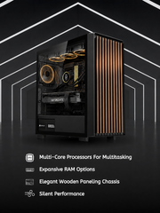 A black custom gaming PC tower with a glass side panel, illuminated by gold and orange internal RGB lights, set against a dark background with white geometric lines and text highlighting features.