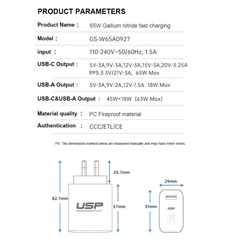 USP 65W Dual Ports (USB-C + USB-A) PD GaN Wall Charger White