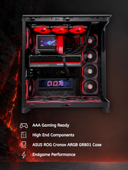 An open black ASUS ROG Cronox ARGB GR801 gaming PC case displaying high-end components, including a GeForce RTX graphics card, RGB-lit fans, and a water cooler, set against a dark background with fiery lava graphics and text overlays.
