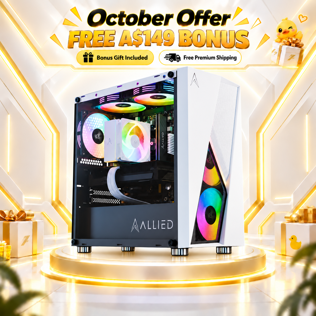 A white and black AALLIED desktop PC tower with RGB lighting fans, displayed on a glowing circular pedestal with promotional text overlays reading 'October Offer FREE A$149 BONUS' in a stylized room setting.