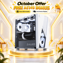 A white and black ALLIED desktop PC tower with visible cooling fans and internal components, displayed on a glowing circular pedestal in a futuristic room. Large promotional text at the top reads 'October Offer FREE A$149 BONUS' with gift and shipping icons.
